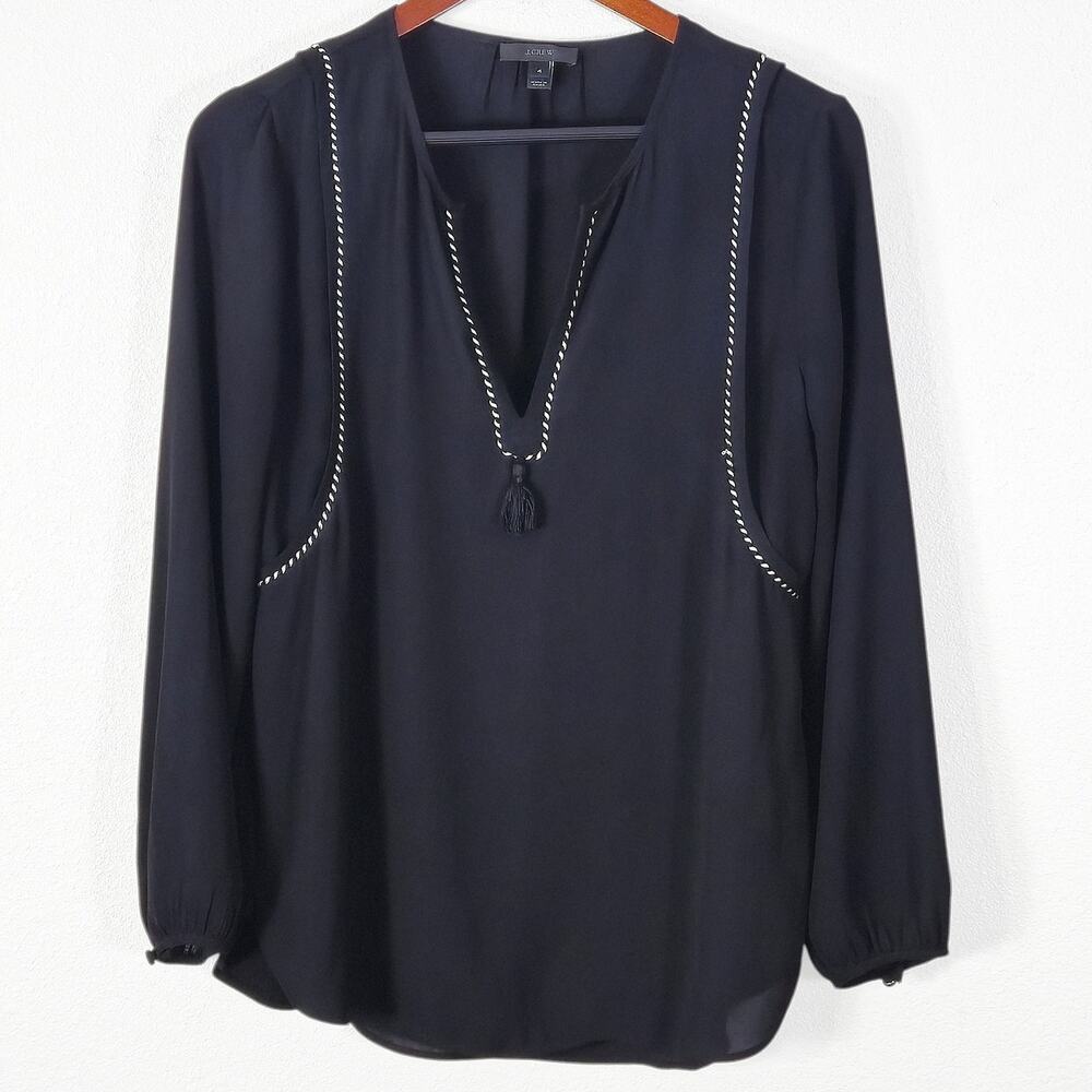 J.Crew Lightweight Black Tassel Neck Blouse Size 4 Travel Resort Wear